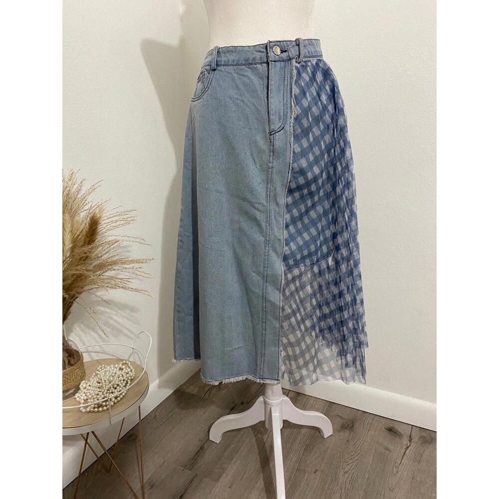 Trendy Denim and Checkered Maxi Skirt-2XL-New(0035)